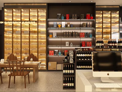 Modern Tobacco and Liquor Store Interior Design With Display Shelves Wines And Tobacco Products 3d model