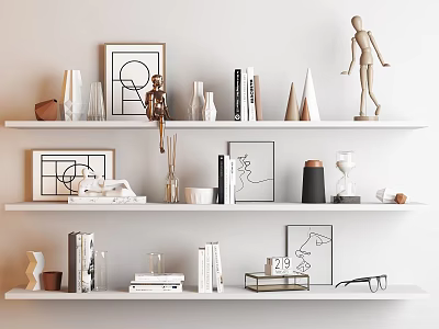 Decorative Ornament Combination on White Wall Shelves with Framed Art Books Sculpture and Vases 3d model