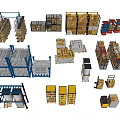 Warehouse Storage Racks and Display Shelves with Multi Tiered Metal Design and Stacked Boxes