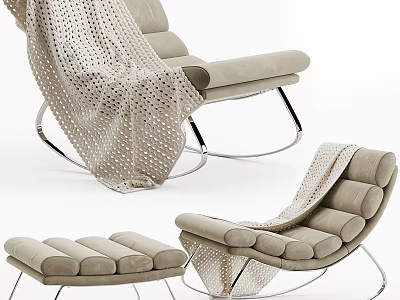 Modern Beige Lounge Chair With Metal Frame And Perforated Throw Blanket 3d model