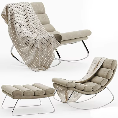 Modern Beige Lounge Chair With Metal Frame And Perforated Throw Blanket 3d model