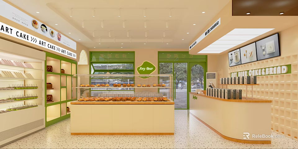 Bright Dessert Shop Interior With Glass Display Cases Fresh Breads Green Doors And Wooden Shelves 3d model 