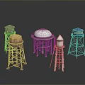 Various Water Tower Models With Diverse Designs And Metal Frame Structures