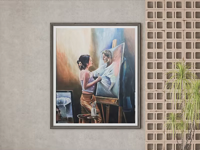 Framed Portrait Painting Of Woman Painting On Easel With Gray Wall And Green Plant 3d model