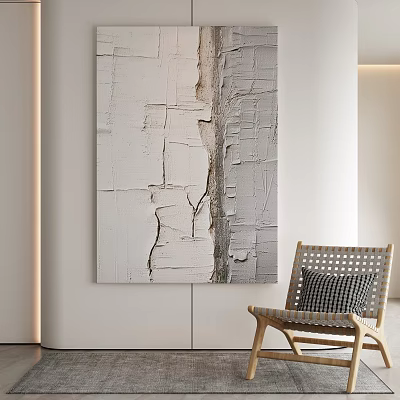 Abstract Textured Painting On White Wall With Wooden Chair And Woven Cushion 3d model