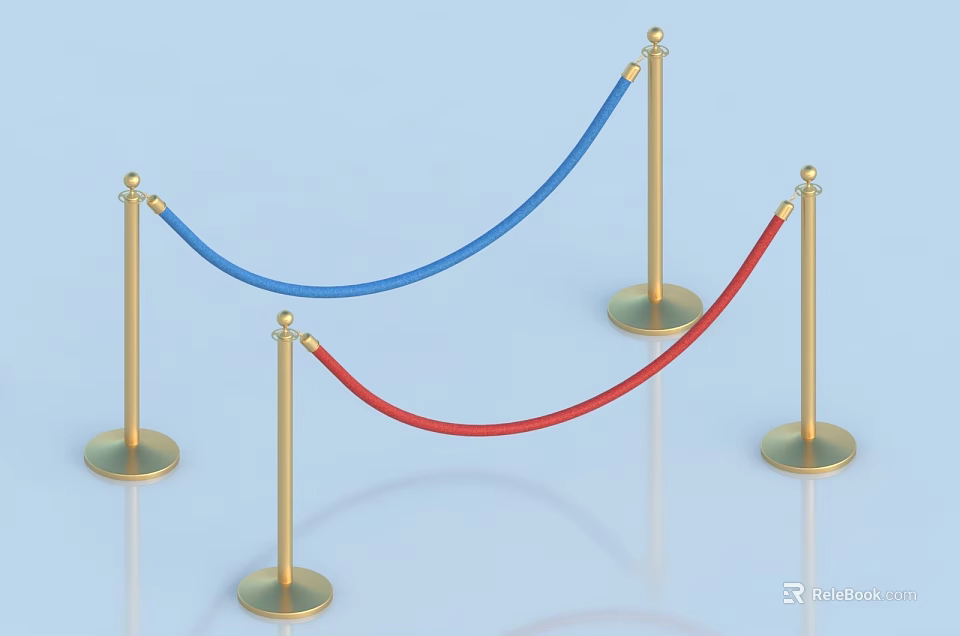 Stanchion Barrier With Golden Poles And Blue Red Ropes For Decoration 3d model 
