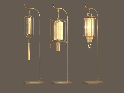 Traditional Chinese Style Three Floor Lamps With Golden Stands And Lantern Shaped Shades 3d model