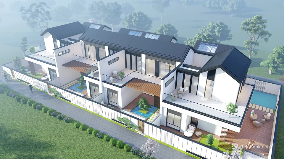 Modern Detached Villa Exterior With Black Roof White Walls Terrace Courtyard And Greenery 3d model 