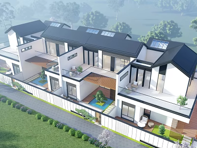 Modern Detached Villa Exterior With Black Roof White Walls Terrace Courtyard And Greenery 3d model