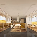 Wooden Open Layout Restaurant Interior With Tables Chairs Hanging Posters And Natural Light