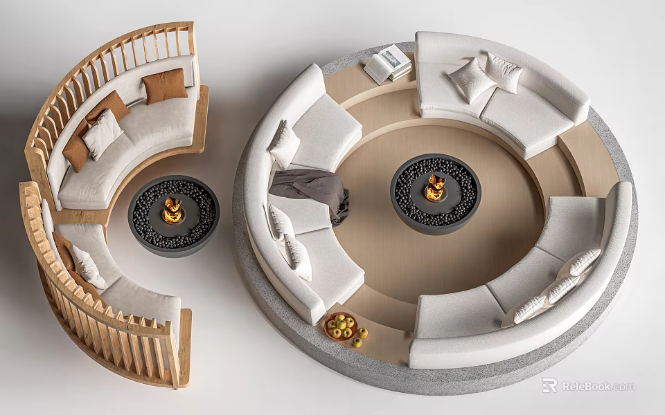 Modern Circular Leisure Sofa Set With Beige Fabric Pillows And Round Coffee Table 3d model 