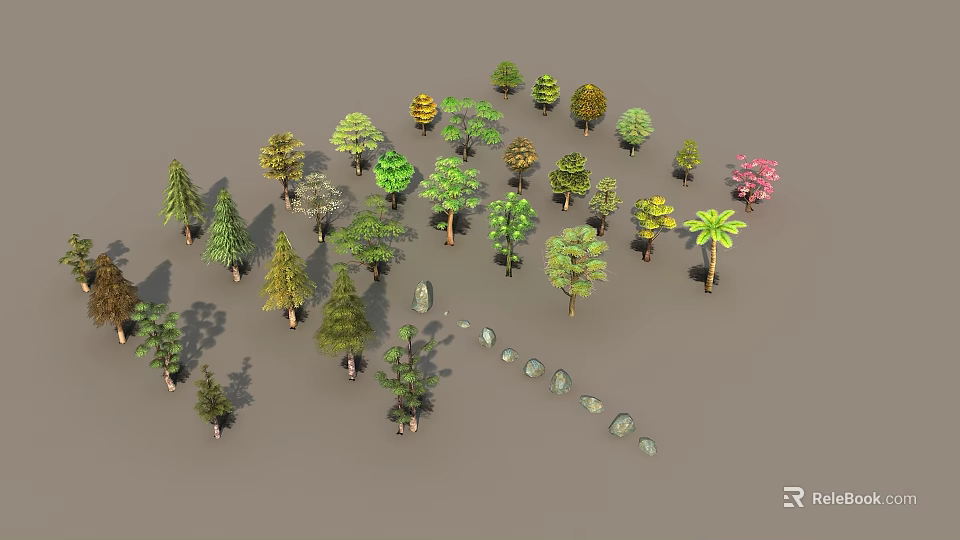 Various Types of Arbor Trees With Diverse Foliage Shapes and Sizes in Grouped 3d model 