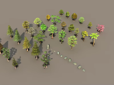 Various Types of Arbor Trees With Diverse Foliage Shapes and Sizes in Grouped 3d model