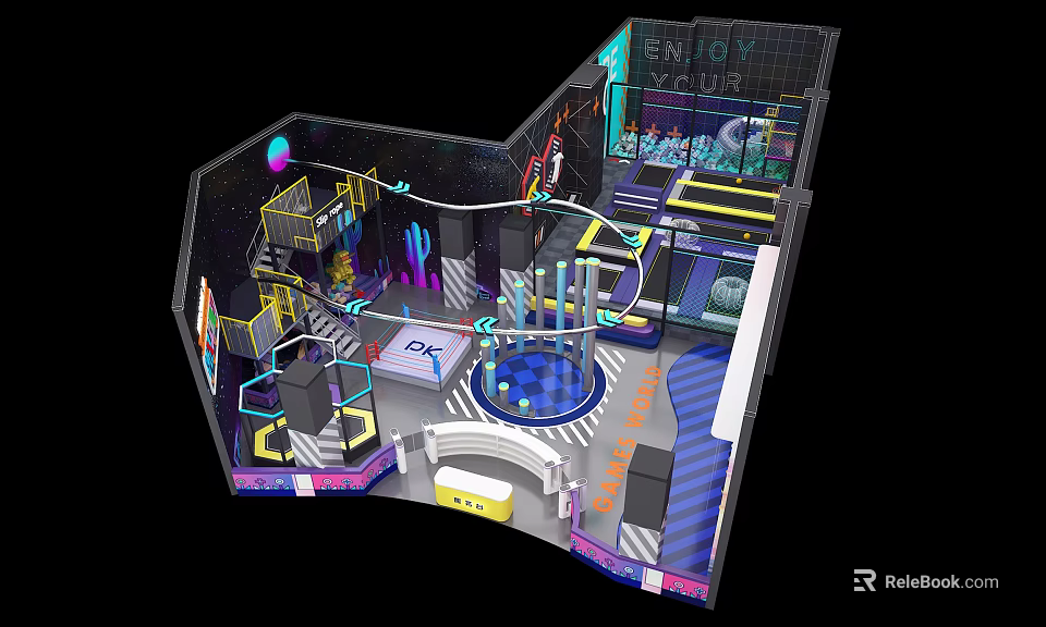 Colorful Indoor Playground With Slides Climbing Frames And Neon Lights 3d model 