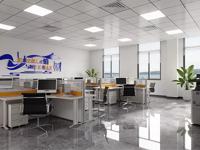 Modern Bright Public Office Interior With Cubicles Desks Computers Plants And Ceiling Lights 3d model