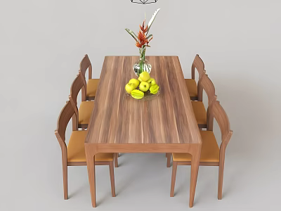 Wooden Walnut Dining Table Set Featuring Brown Leather Chairs Vase Flowers and Fruit Bowl 3d model
