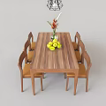 Wooden Walnut Dining Table Set Featuring Brown Leather Chairs Vase Flowers and Fruit Bowl