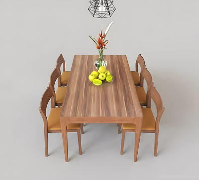 Wooden Walnut Dining Table Set Featuring Brown Leather Chairs Vase Flowers and Fruit Bowl 3d model