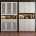 White Shoe Cabinets Featuring Different Door Styles With Decorative Plants And Frames 3d model