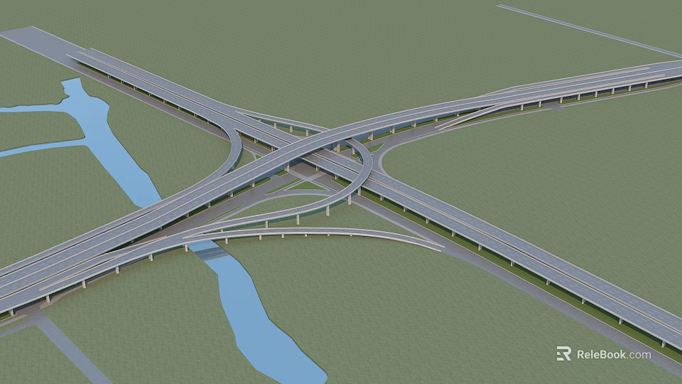 Multi Level Highway Interchange Bridge With Multiple Road Lanes Green Fields And River 3d model