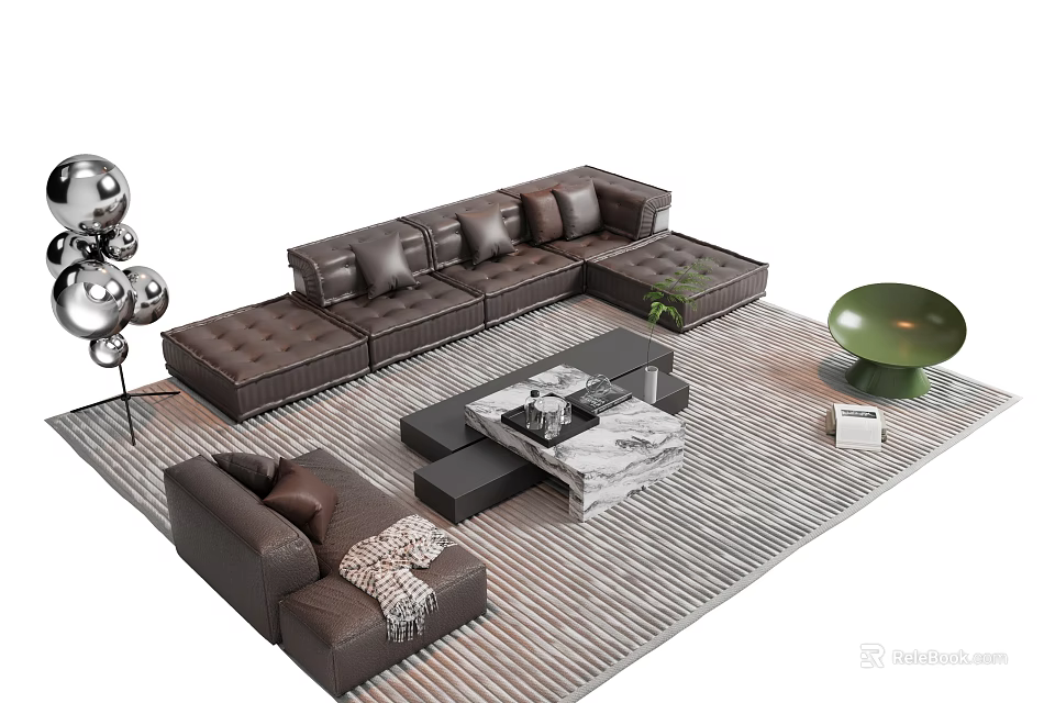 Modern Leather L Shaped Sofa With Marble Top Coffee Table Set And Accent Chair 3d model