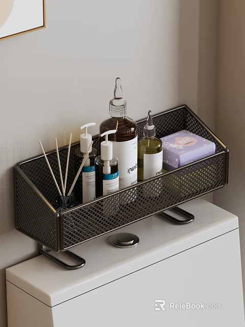 Metal Mesh Bathroom Storage Shelf Above Toilet With Aromatic Sticks Hand Soap And Soap Bar 3d model 