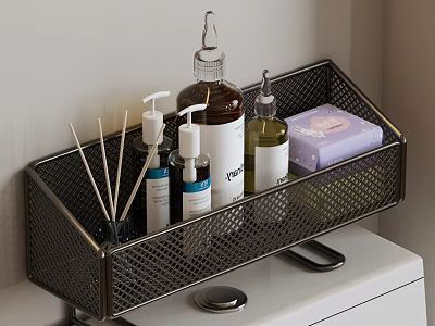 Metal Mesh Bathroom Storage Shelf Above Toilet With Aromatic Sticks Hand Soap And Soap Bar 3d model