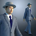 Two Men in Gray Suits with Blue Ties Wearing Hats Against Gray Background