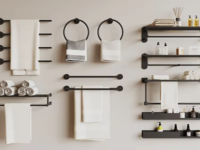 Wall Mounted Bathroom Towel Display With Black Hangers Shelves And Toiletries 3d model