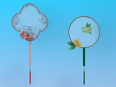 Decorative Fan Shaped Wall Hangings With Pink Yellow Flowers And Patterns 3d model