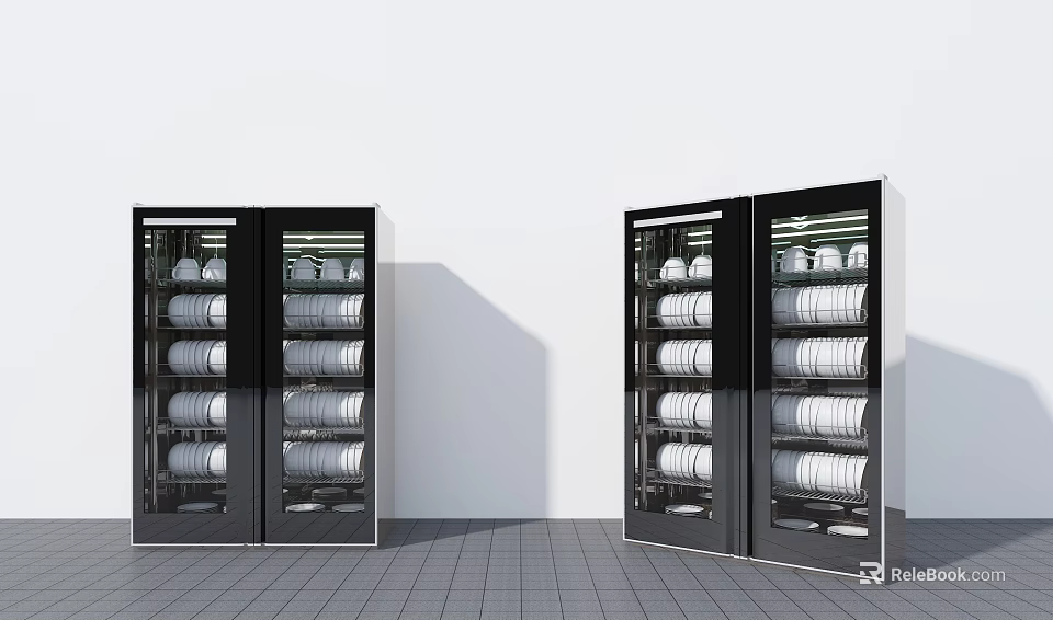 Double Black Glass Door Kitchen Appliances With White Plates Storage Cabinets 3d model 
