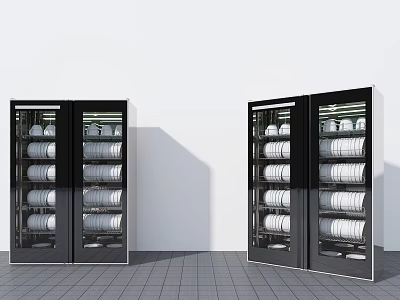 Double Black Glass Door Kitchen Appliances With White Plates Storage Cabinets 3d model