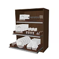 Storage Cabinet With Organized Plates Cups Glasses Wooden Dividers And Metal Frame