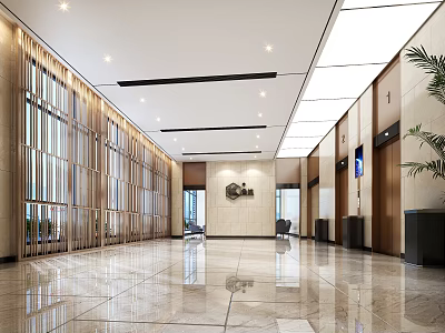 Luxurious Modern Elevator Lobby With Marble Floor Wooden Panel Walls And Recessed Lighting 3d model