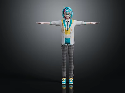 Anime 3D Character Creature With Blue Green Hair White Coat Yellow Vest And Outstretched Arms 3d model