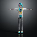 Anime 3D Character Creature With Blue Green Hair White Coat Yellow Vest And Outstretched Arms