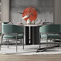 Elegant Restaurant Interior With Round Dining Table Green Chairs And Red Circular Artwork 3d model