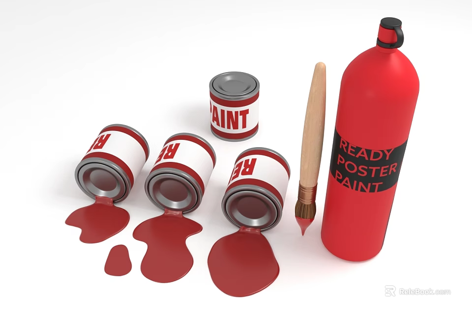 Vibrant Art Supplies Scene With Red Paint Cans Paint Bottle Brush And Spilled Paint 3d model 