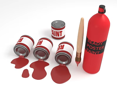 Vibrant Art Supplies Scene With Red Paint Cans Paint Bottle Brush And Spilled Paint 3d model