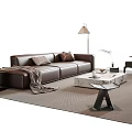 Stylish Brown Leather Sofa and Marble Coffee Table Set with Pillows Throw Blanket Floor Lamp