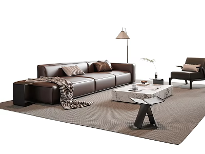 Stylish Brown Leather Sofa and Marble Coffee Table Set with Pillows Throw Blanket Floor Lamp 3d model