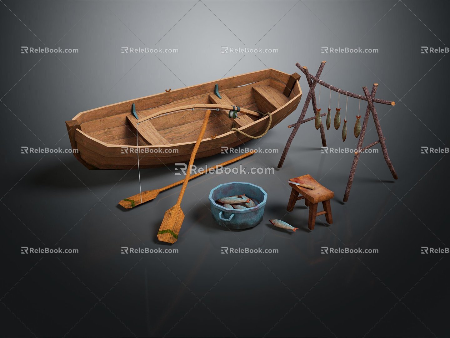 Small boat fisherman small wooden boat fishing boat 3d model