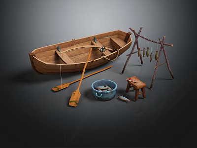Traditional Wooden Boat with Oars Blue Bucket Small Stool and Fish Drying Rack 3d model