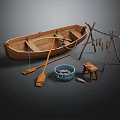 Traditional Wooden Boat with Oars Blue Bucket Small Stool and Fish Drying Rack