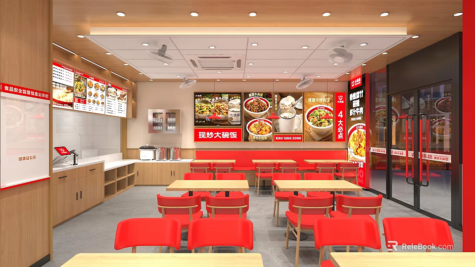 Chinese Fast Food Restaurant Interior With Red Tables Chairs Open Counter And Menu Displays 3d model 