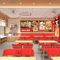 Chinese Fast Food Restaurant Interior With Red Tables Chairs Open Counter And Menu Displays