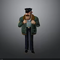 Cartoon Police Officer In Green Jacket With Brown Fur Collar Cap Mustache Hands On Chest