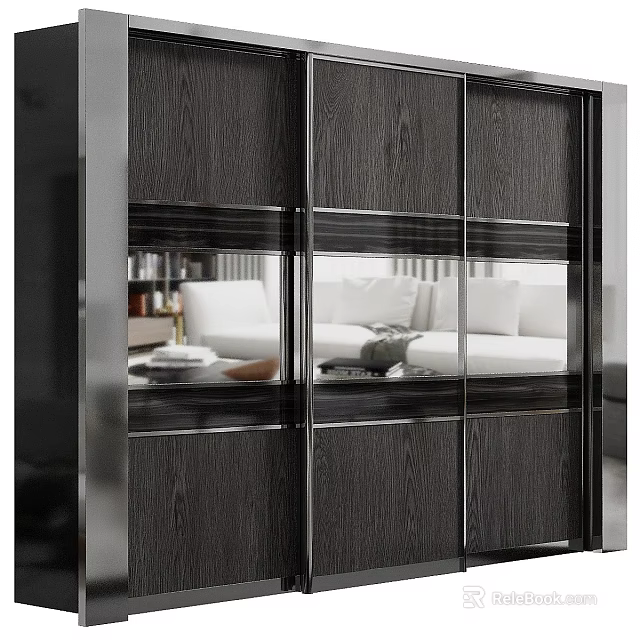 Modern Sliding Door Wardrobe With Wooden Texture And Glass Panel Silver Frame 3d model 