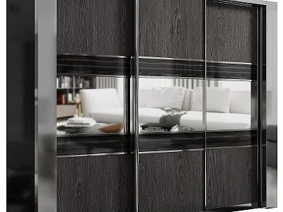 Modern Sliding Door Wardrobe With Wooden Texture And Glass Panel Silver Frame 3d model