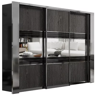 Modern Sliding Door Wardrobe With Wooden Texture And Glass Panel Silver Frame 3d model